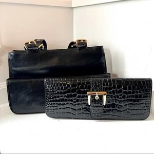 Black Croc Leather Bag Handbag Convertible 2-in-1 Clutch Y2K Vintage Purse